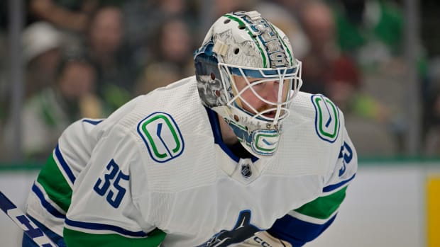 Closeup of Canucks goalie Thatcher Demko